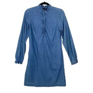 Boden Dolores Chambray Shift Dress Sz 4 Blue Ruffle Long Sleeve Classic D0008